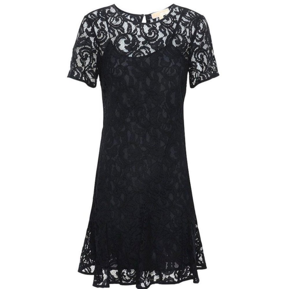 Michael Michael Kors Women's Navy Short Sleeve Lace Godet Dress Size 4 Keyhole